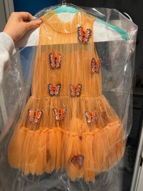 Orange Butterfly Appliqué Tulle Dress
